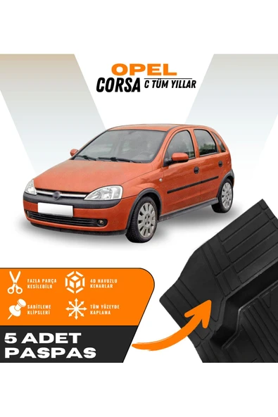 Opel Corsa C Tüm Yıllar 5'li Paspas Seti Yüksek Kalite Kesilebilir Universal Oto Paspas