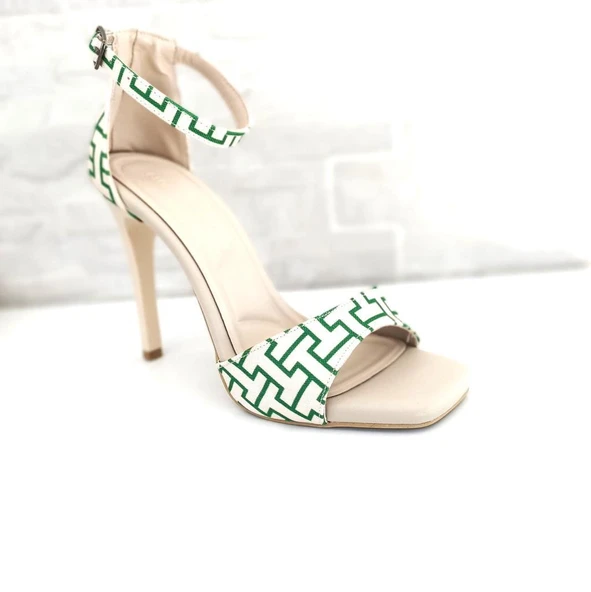Kadın İnce Topuklu Abiye Ayakkabı Yeni Sezon İnce Bantlı 10 cm Siyah Yeşil - 5