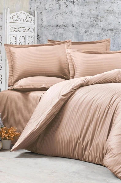 Çeyiz Diyarı Stripe Tek Kişilik PollySaten Nevresim Takımı Bej ürün görseli