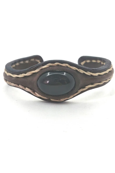 EL İŞÇİLİĞİ İLE ÖZEL ÜRETİLMİŞ DOĞAL TAŞLI DERİ KAPLAMALI BAKIR BİLEKLİK - 11