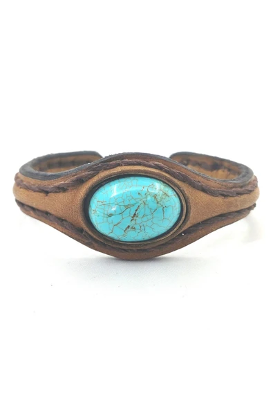 EL İŞÇİLİĞİ İLE ÖZEL ÜRETİLMİŞ DOĞAL TAŞLI DERİ KAPLAMALI BAKIR BİLEKLİK - Resim 7