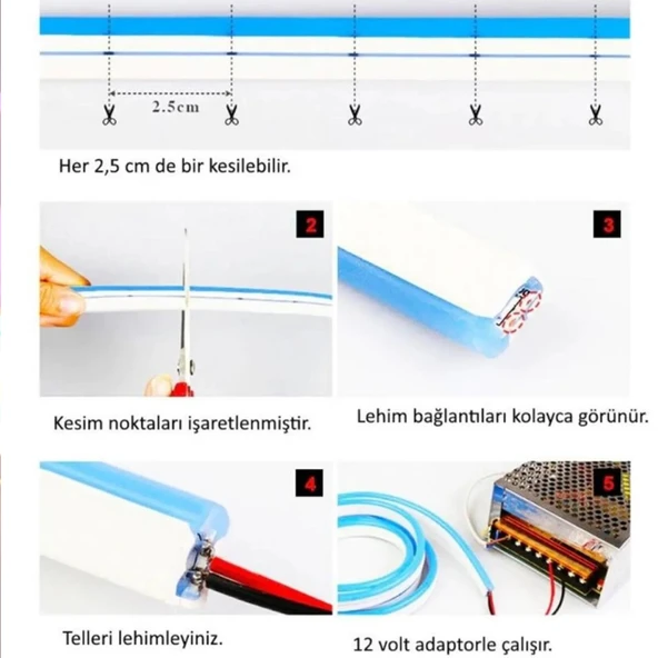 Neon LED şerit 5metre Kırmızı LED zincir bandı hortum esnek dekoratif aydınlatma ışık 12V 10W - 12