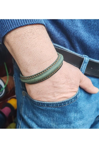 EL İŞÇİLİĞİ İLE ÖZEL ÜRETİLMİŞ DERİ KAPLAMALI BAKIR BİLEKLİK - Resim 5