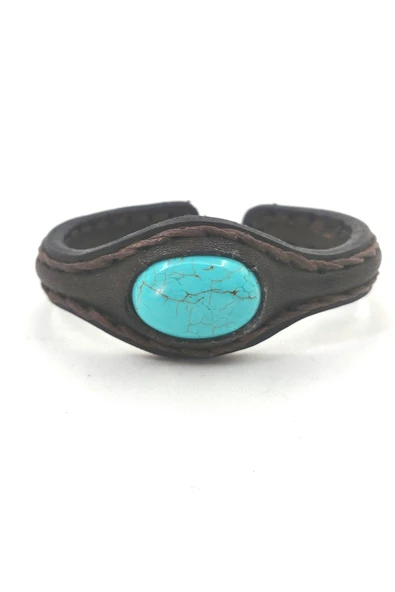 EL İŞÇİLİĞİ İLE ÖZEL ÜRETİLMİŞ DOĞAL TAŞLI DERİ KAPLAMALI BAKIR BİLEKLİK - 7