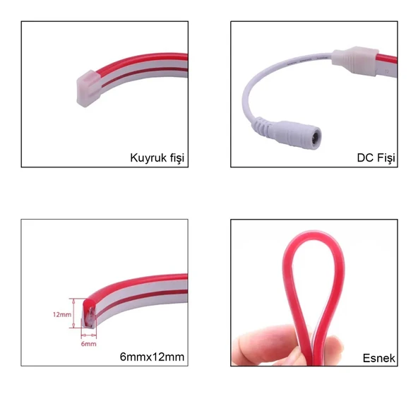 Neon LED şerit 5metre Kırmızı LED zincir bandı hortum esnek dekoratif aydınlatma ışık 12V 10W - 7