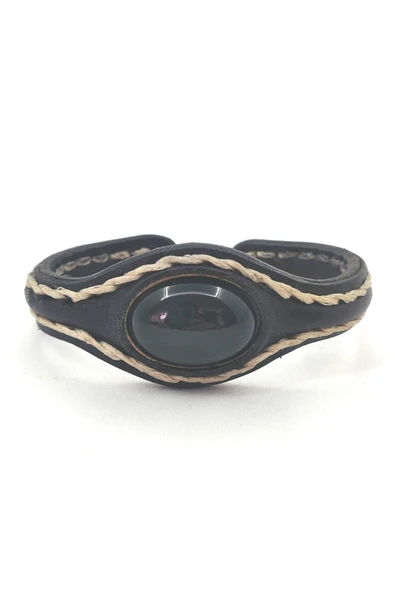 EL İŞÇİLİĞİ İLE ÖZEL ÜRETİLMİŞ DOĞAL TAŞLI DERİ KAPLAMALI BAKIR BİLEKLİK - 3