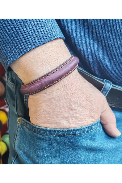 EL İŞÇİLİĞİ İLE ÖZEL ÜRETİLMİŞ DERİ KAPLAMALI BAKIR BİLEKLİK - Resim 9