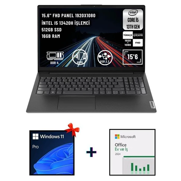 Lenovo V15 G4 IRU 83A10096TR i5 13420H 8GB 512GB SSD+Microsoft Win11 Pro Tr+Office 2024
