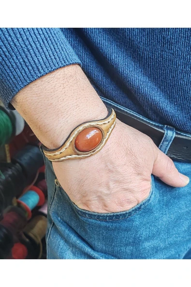 EL İŞÇİLİĞİ İLE ÖZEL ÜRETİLMİŞ DOĞAL TAŞLI DERİ KAPLAMALI BAKIR BİLEKLİK - Resim 9