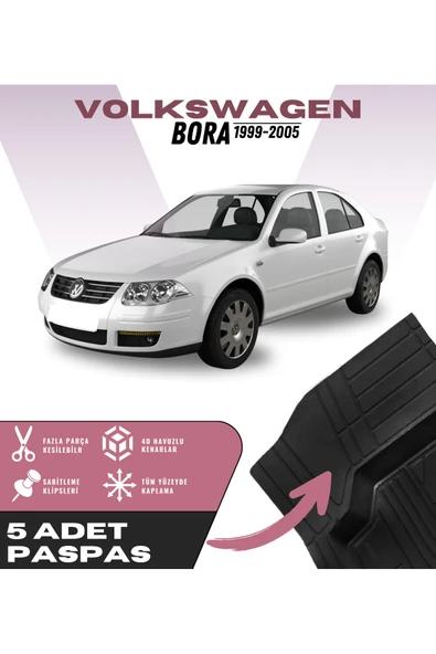 Volkswagen Bora 1999-2005 5'li Paspas Seti Yüksek Kalite Kesilebilir Universal Oto Paspas
