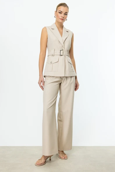 Ekol Yüksel Bel Pileli Bol Paça Kadın Pantolon 25YEKL04124 - Resim 2