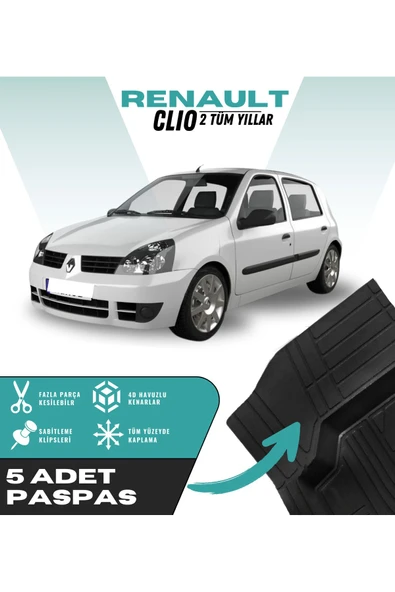 Renault Clio 2 Tüm Yıllar 5'li Paspas Seti Yüksek Kalite Kesilebilir Universal Oto Paspas