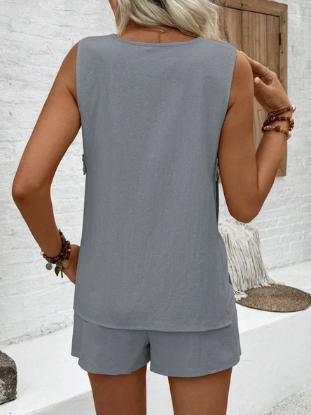 Keten Yazlık Kolsuz Bluz Şort İkili Takım - Resim 3