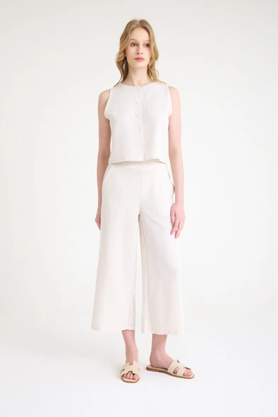 Keten Yazlık Yüksel Bel Capri Pantolon Sırt Detaylı Kolsuz İkili Takım - Resim 10