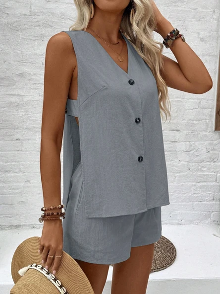 Keten Yazlık Kolsuz Bluz Şort İkili Takım - Resim 2