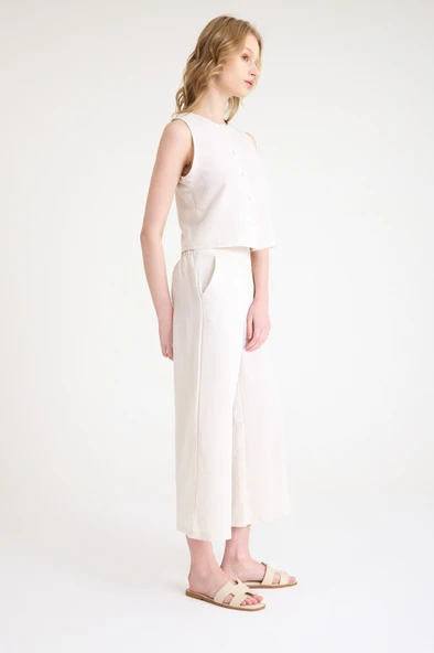 Keten Yazlık Yüksel Bel Capri Pantolon Sırt Detaylı Kolsuz İkili Takım - Resim 5