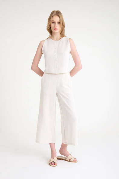 Keten Yazlık Yüksel Bel Capri Pantolon Sırt Detaylı Kolsuz İkili Takım - Resim 11