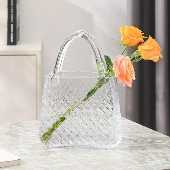 Nettenevime Çanta Vazo Cam Çiçek Vazosu Dekoratif Şeffaf Vazo Büyük Boy Oval Model 1,5kg Glass Bag Vase