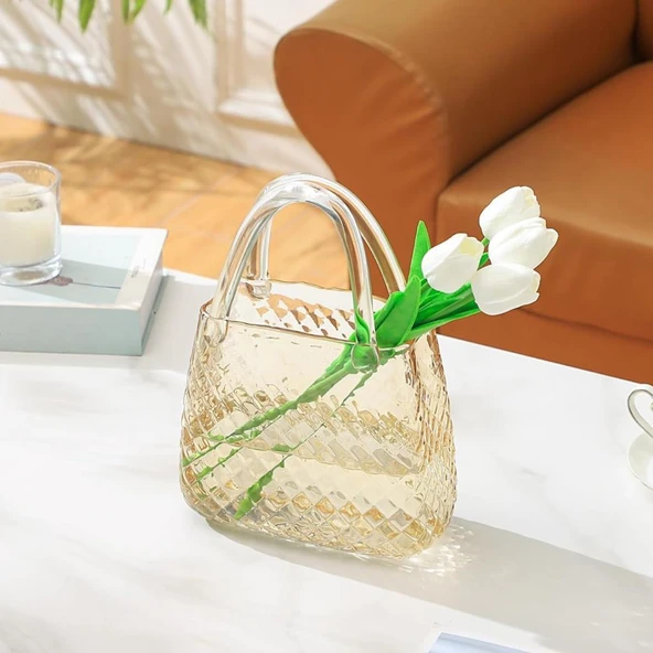 Nettenevime Çanta Vazo Cam Çiçek Vazosu Dekoratif Bal Amber Vazo Büyük Boy Oval Model 1,5kg Glass Bag Vase