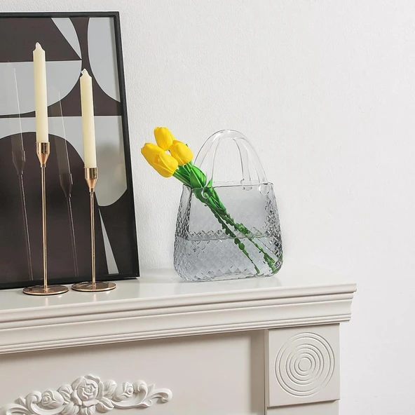 Nettenevime Çanta Vazo Cam Çiçek Vazosu Dekoratif Antrasit Vazo Büyük Boy Oval Model 1,5kg Glass Bag Vase - 4