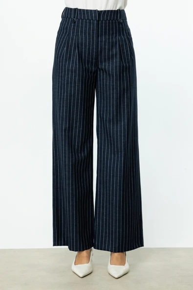 Ekol Yüksel Bel Pileli Çizgili Bol Paça Kadın Pantolon 25YEKL04056 - Resim 6