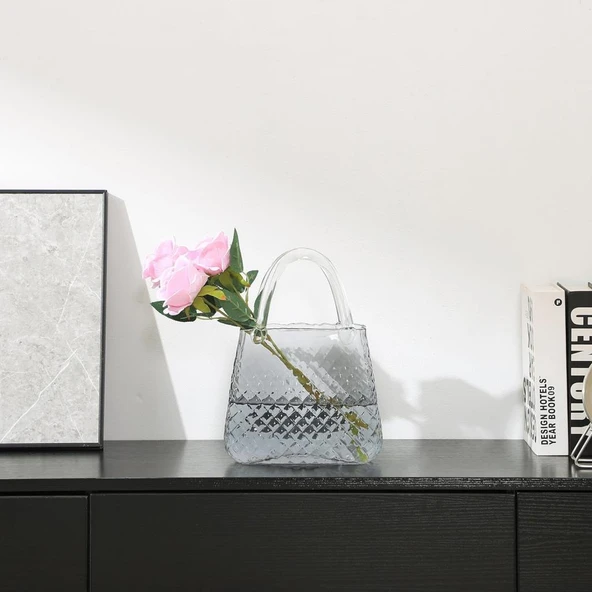 Nettenevime Çanta Vazo Cam Çiçek Vazosu Dekoratif Antrasit Vazo Büyük Boy Oval Model 1,5kg Glass Bag Vase - 6