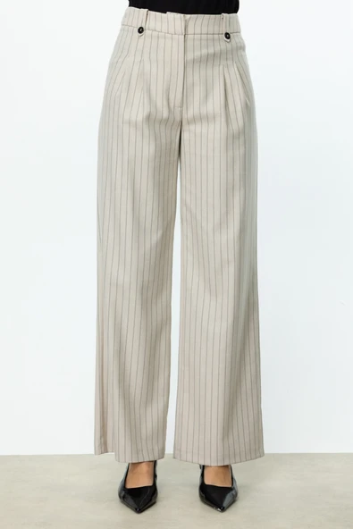Ekol Yüksel Bel Pileli Çizgili Bol Paça Kadın Pantolon 25YEKL04056 - Resim 2