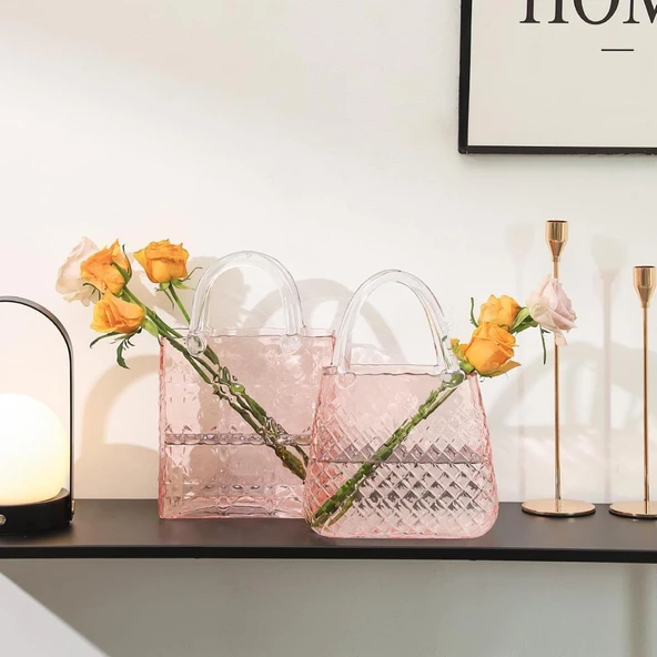 Çanta Vazo Cam Çiçek Vazosu Dekoratif Pembe Vazo Büyük Boy Oval Model 1,5kg Glass Bag Vase - 4