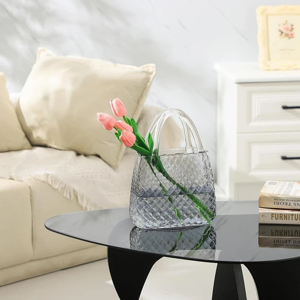 Nettenevime Çanta Vazo Cam Çiçek Vazosu Dekoratif Antrasit Vazo Büyük Boy Oval Model 1,5kg Glass Bag Vase - 3