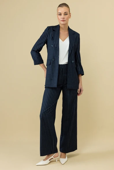 Ekol Yüksel Bel Pileli Çizgili Bol Paça Kadın Pantolon 25YEKL04056 - Resim 4