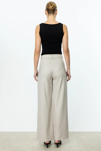 Ekol Yüksel Bel Pileli Çizgili Bol Paça Kadın Pantolon 25YEKL04056 - Resim 3