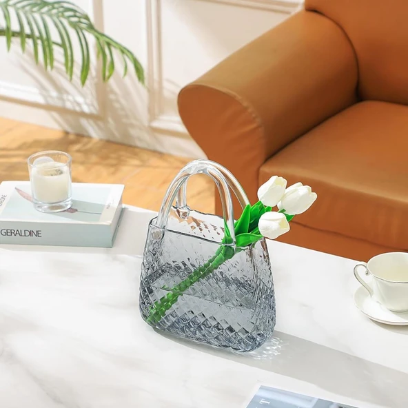 Nettenevime Çanta Vazo Cam Çiçek Vazosu Dekoratif Antrasit Vazo Büyük Boy Oval Model 1,5kg Glass Bag Vase - 5