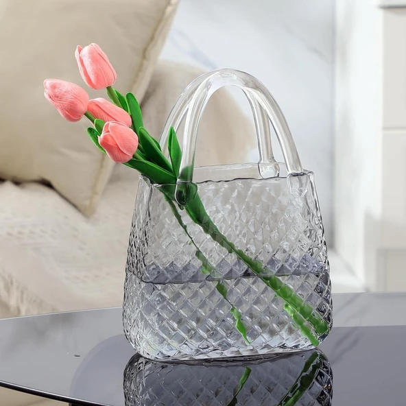 Nettenevime Çanta Vazo Cam Çiçek Vazosu Dekoratif Antrasit Vazo Büyük Boy Oval Model 1,5kg Glass Bag Vase