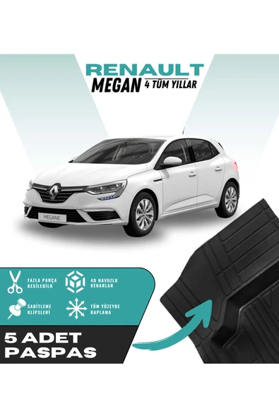 Renault Megan 4 Tüm Yıllar 5'li Paspas Seti Yüksek Kalite Kesilebilir Universal Oto Paspas