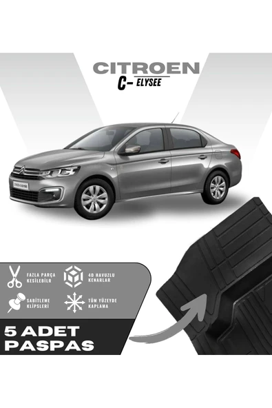 Citroen C-Elysee 5'li Paspas Seti Yüksek Kalite Kesilebilir Universal Oto Paspas
