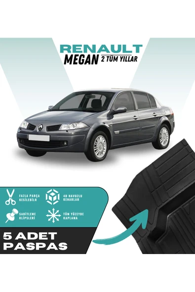 Renault Megan 2 Tüm Yıllar 5'li Paspas Seti Yüksek Kalite Kesilebilir Universal Oto Paspas
