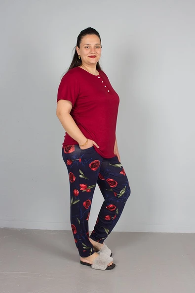 Büyük Beden Alt Çiçek desenli Üst Bordo Pijama Takım - 4