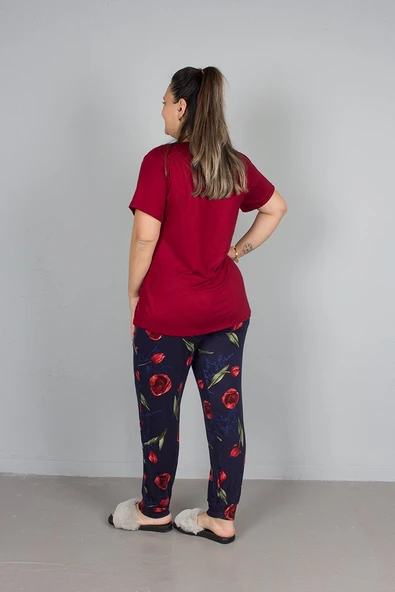 Büyük Beden Alt Çiçek desenli Üst Bordo Pijama Takım - 2