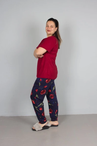 Büyük Beden Alt Çiçek desenli Üst Bordo Pijama Takım - 6