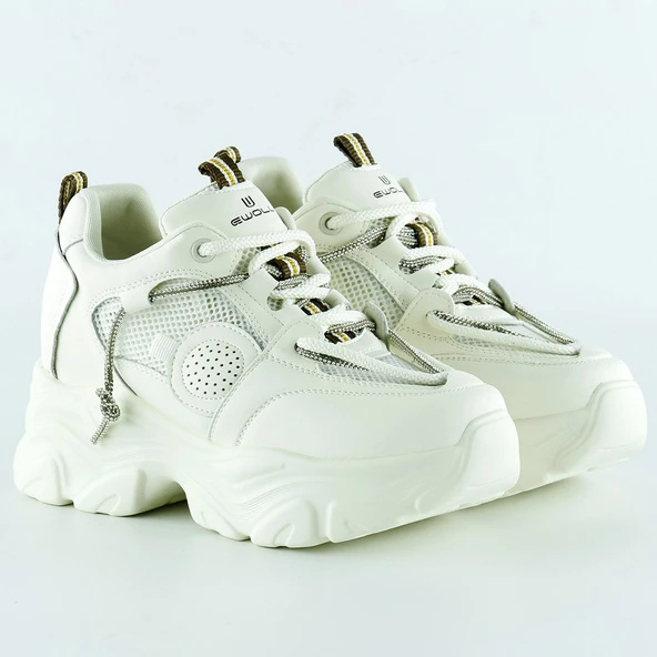 Erkan Saçmacı Ekru Yüksek Taban Spor Fileli Taşlı Bağcıklı Platform Sneaker - 2