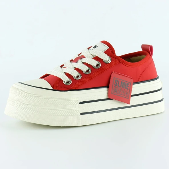 Erkan Saçmacı Kırmızı Saten Yüksek Taban Spor Taşlı Bağcıklı Platform Sneaker