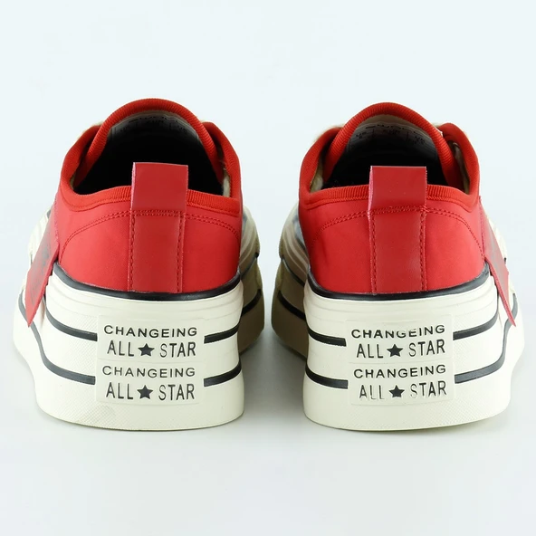 Erkan Saçmacı Kırmızı Saten Yüksek Taban Spor Taşlı Bağcıklı Platform Sneaker - 4