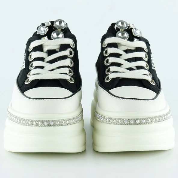 Erkan Saçmacı Siyah Beyaz Yüksek Taban Spor Kristal Taşlı İnci Detaylı Bağcıklı Platform Sneaker - 3