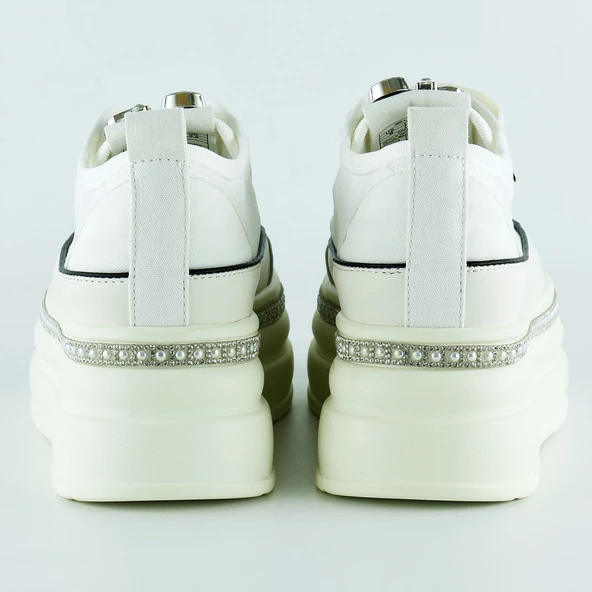 Erkan Saçmacı Beyaz Yüksek Taban Kristal Taşlı İnci Detaylı Bağcıklı Gelin Platform Sneaker - 4