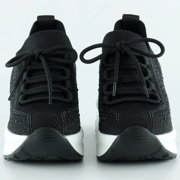 Erkan Saçmacı Siyah Beyaz Örgü Dokuma Taşlı Bağcıklı Hava Yastıklı Taban Dolgu Slip-on Sneaker - 3