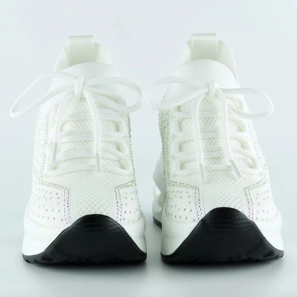 Erkan Saçmacı Beyaz Örgü Dokuma Kristal Taşlı Bağcıklı Hava Yastıklı Taban Dolgu Slip-on Sneaker - 3