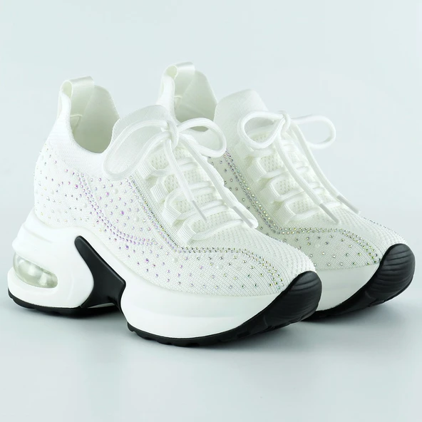 Erkan Saçmacı Beyaz Örgü Dokuma Kristal Taşlı Bağcıklı Hava Yastıklı Taban Dolgu Slip-on Sneaker - 2