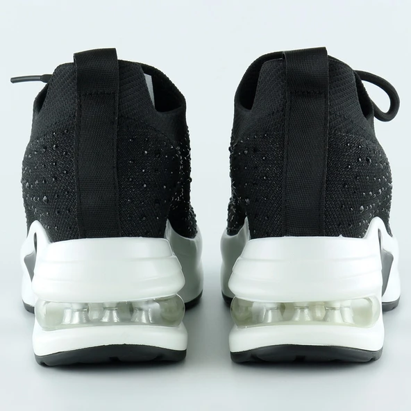 Erkan Saçmacı Siyah Beyaz Örgü Dokuma Taşlı Bağcıklı Hava Yastıklı Taban Dolgu Slip-on Sneaker - 4