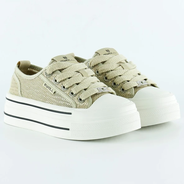 Erkan Saçmacı Bej Yüksek Taban Spor Fileli Taşlı Bağcıklı Platform Sneaker - 2