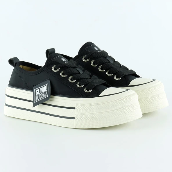 Erkan Saçmacı Siyah Saten Yüksek Taban Spor Taşlı Bağcıklı Platform Sneaker - 2